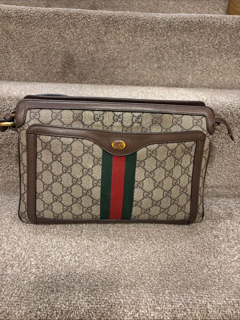 Gucci Brown GG Canvas Messenger with Red and Green Web